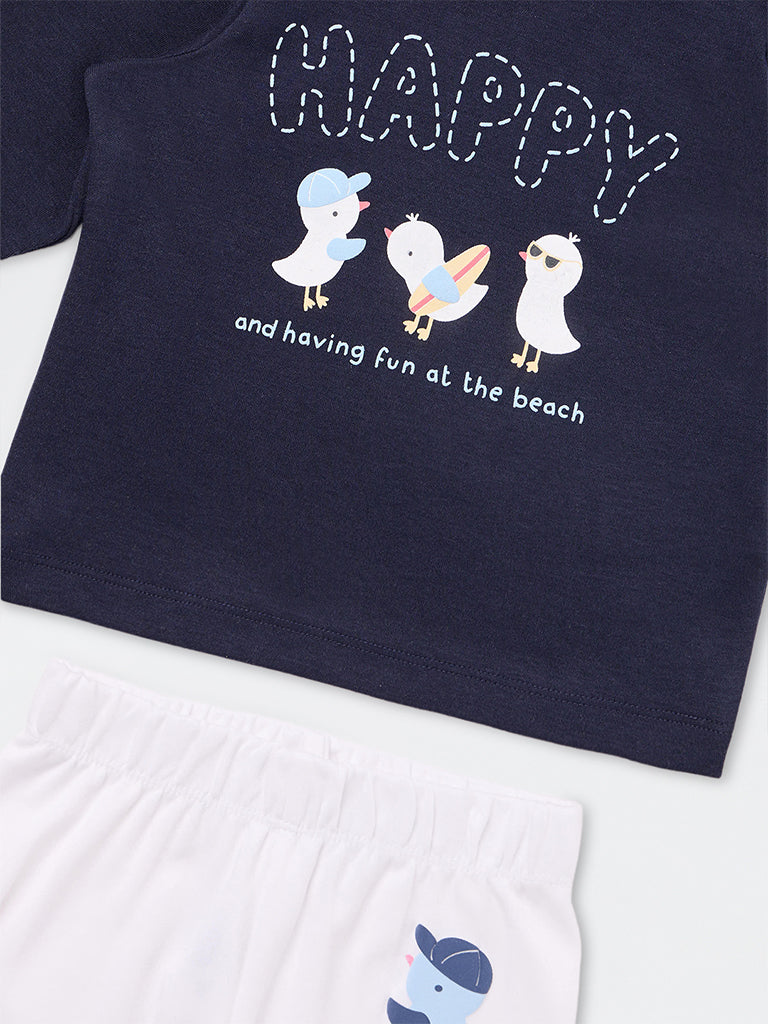 HOP Baby Boys Navy Bird Printed Cotton T-Shirt and Pants Set