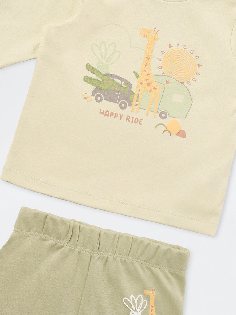 HOP Baby Boys Sage Green Graphic Printed Cotton T-Shirt and Pants Set