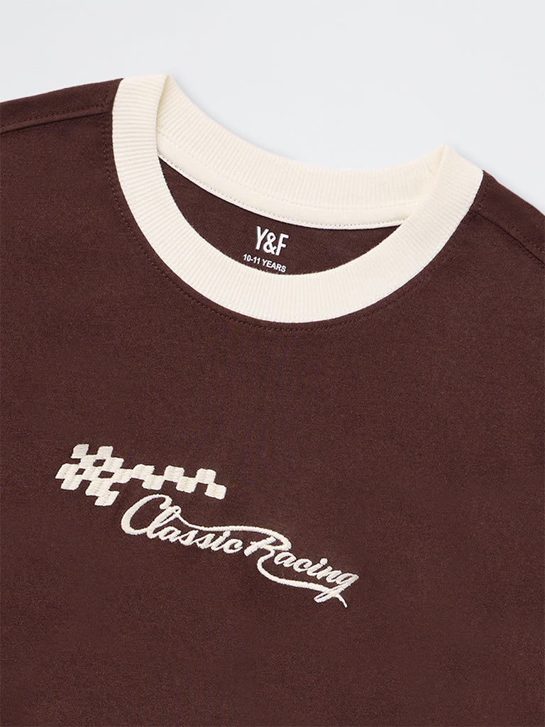 Boys Brown Text-Detailed Cotton T-Shirt