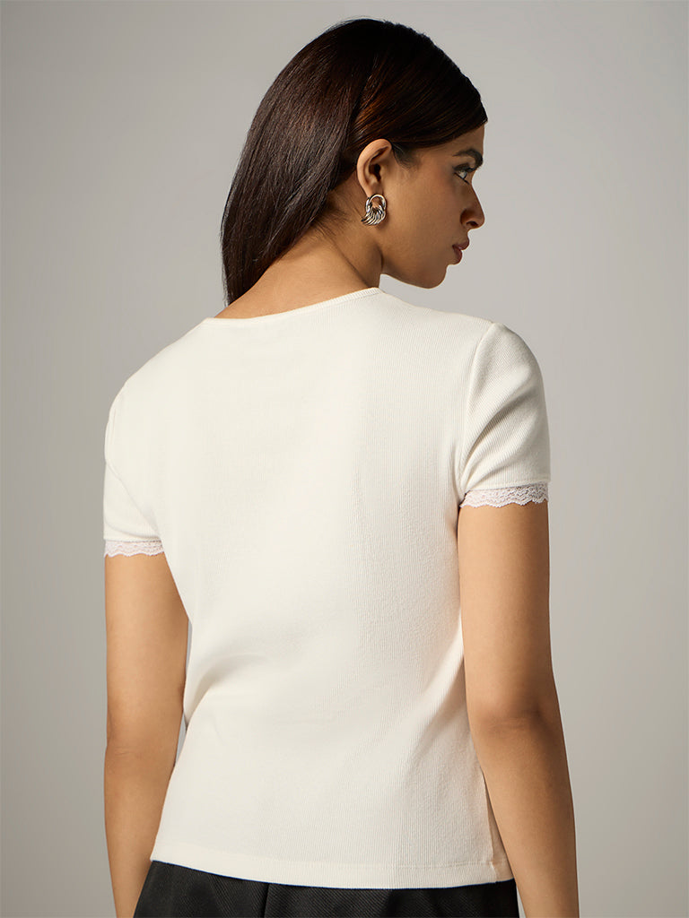 Wardrobe White Lace Detail Cotton-Blend T-Shirt