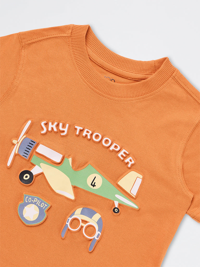 HOP Kids Boys Orange Aviation-Themed Cotton T-Shirt