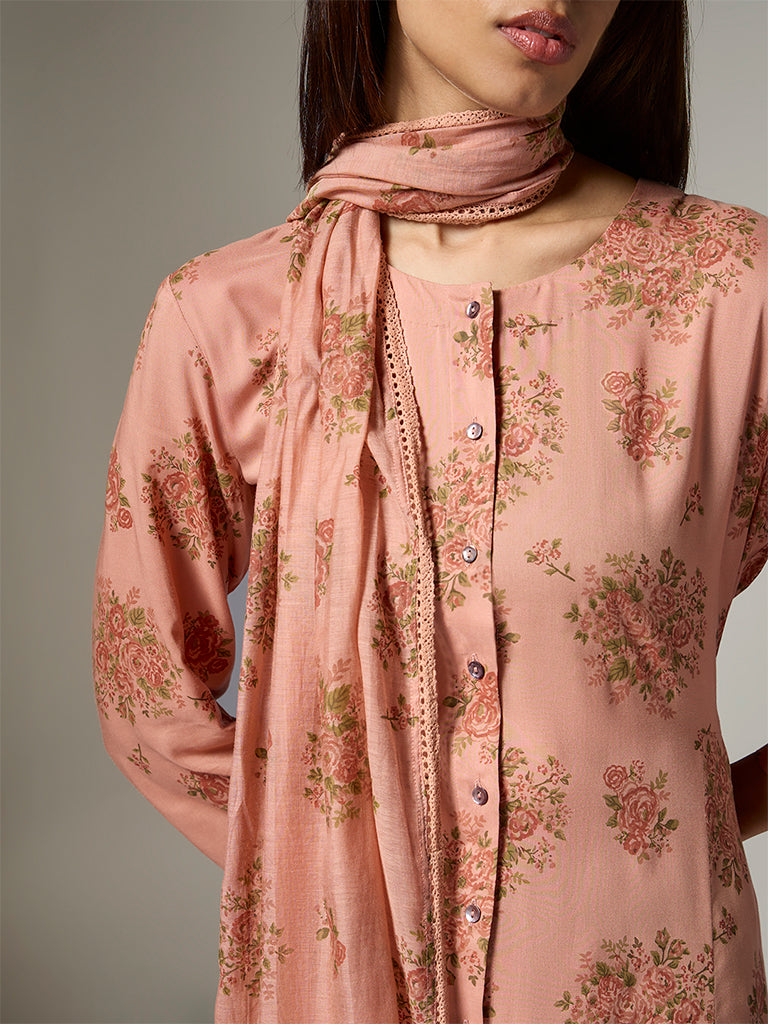 Zuba Peach Floral Printed Stole
