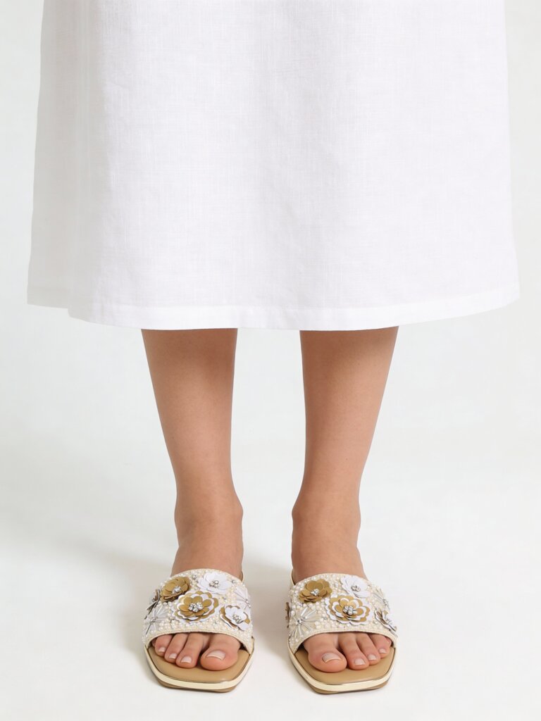 LUNA BLU Beige Floral Embellished Slides