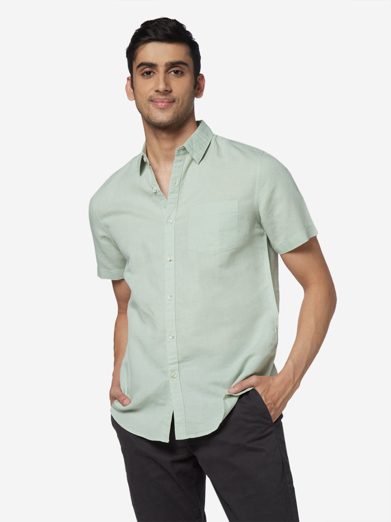 WES Casuals Sage Green Slim Fit Blended Linen Shirt, Green / XL