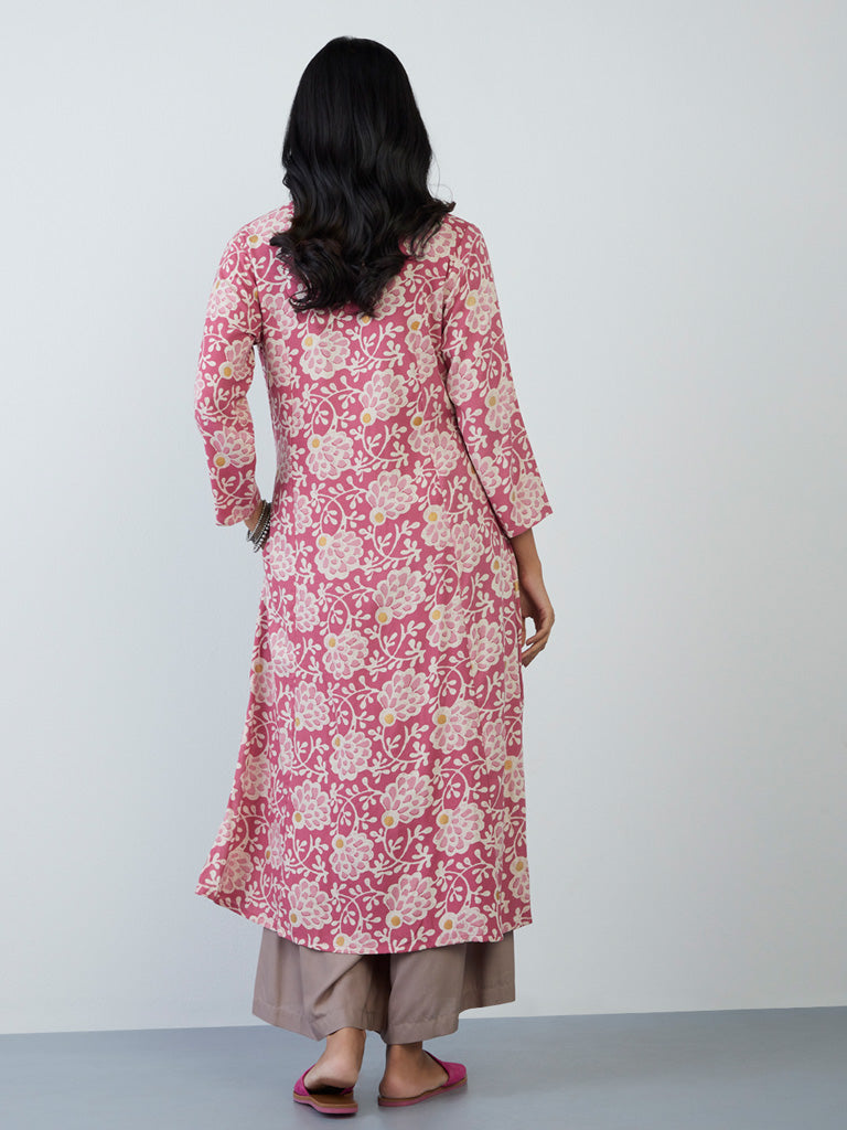 Utsa Pink Floral-Printed A-Line Kurta