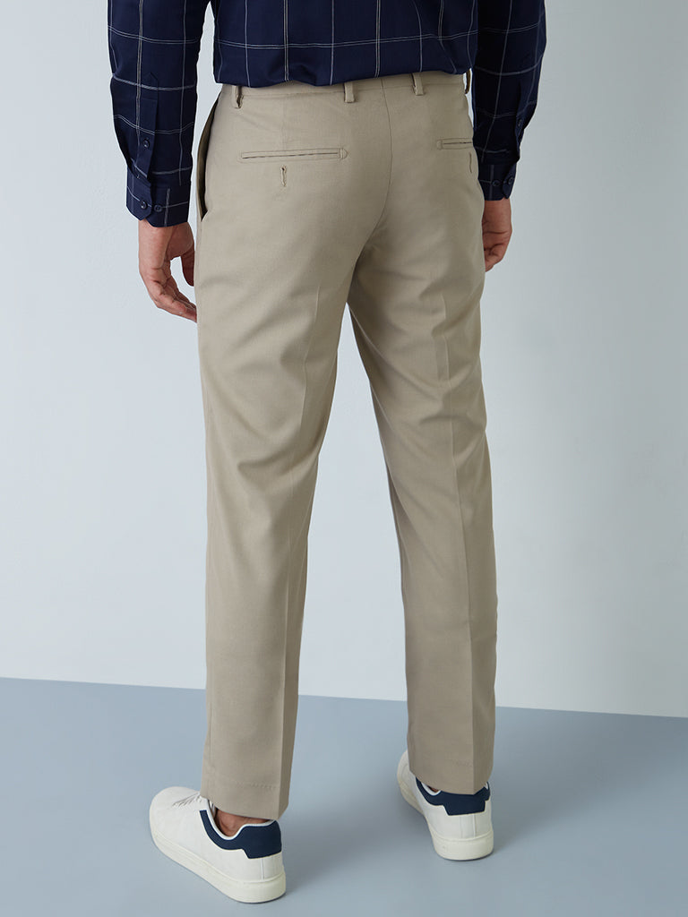 Westside WES Formals Men's Light Khaki Slim-Fit Mid-Rise Trousers for Work Wear Back View