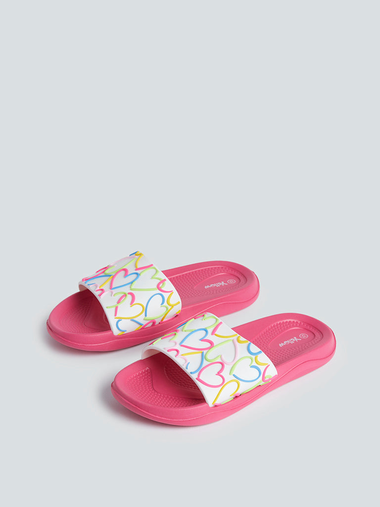 Yellow Kids Fuchsia Heart Patterned Slides