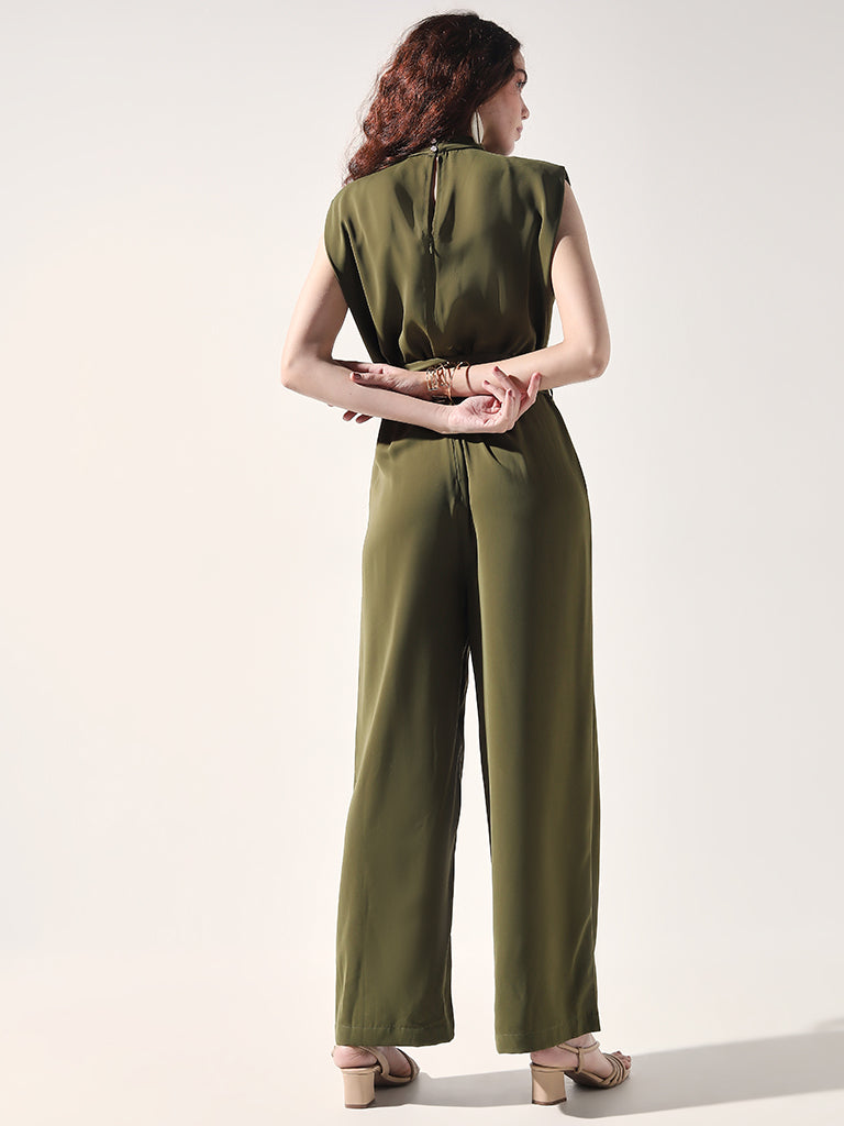 Wardrobe Olive Solid Jumpsuit with Belt