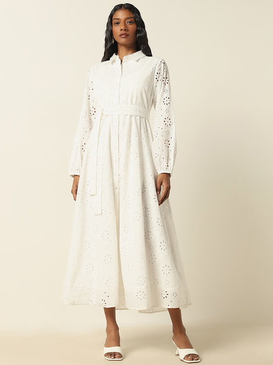 LOV White Schiffli Shirt Cotton Dress with Belt