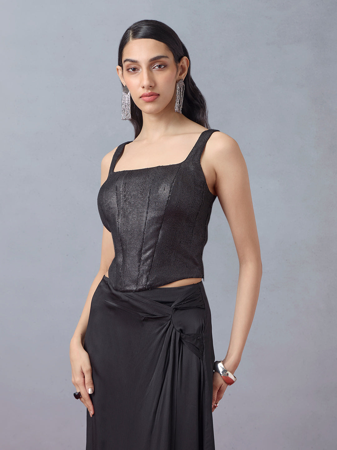 Black Embellished Corset-Style Top
