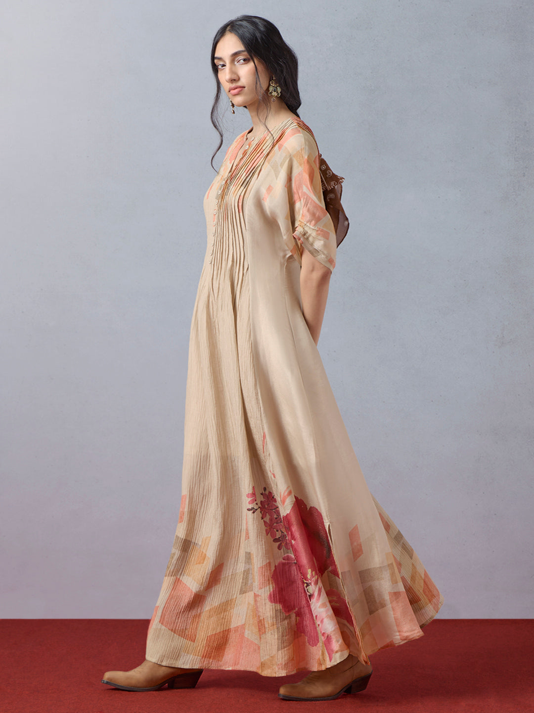 Printed Kaftan with Inner - Beige