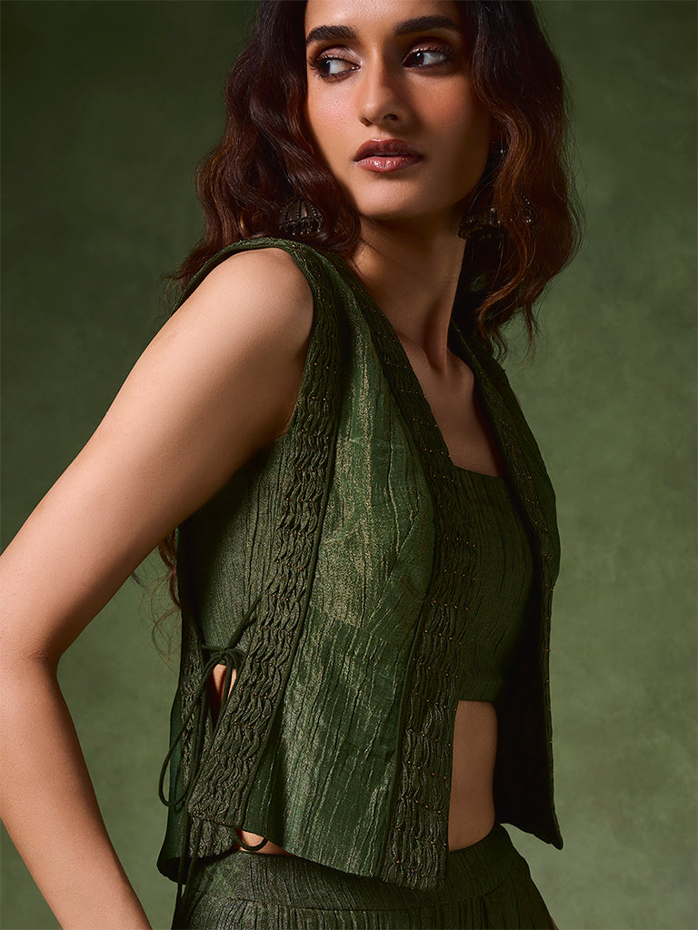 Textured Top, Pants and Camisole Set – Green