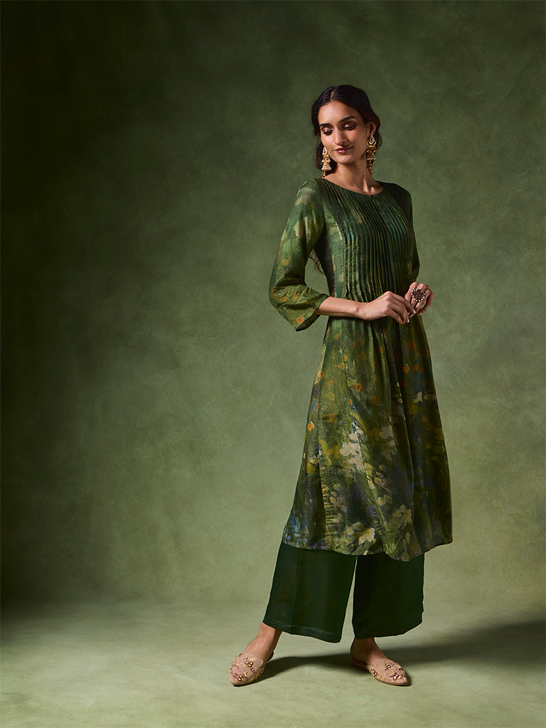 Printed Pintuck A-Line Kurta – Green