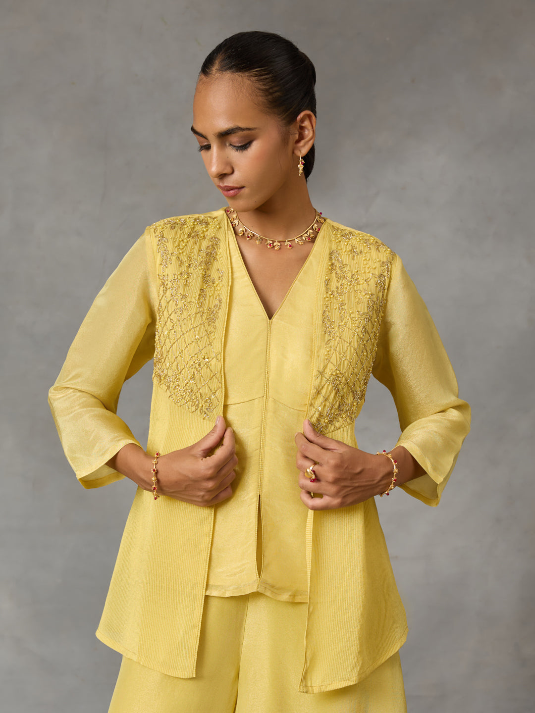 Embroidered Jacket Top – Yellow