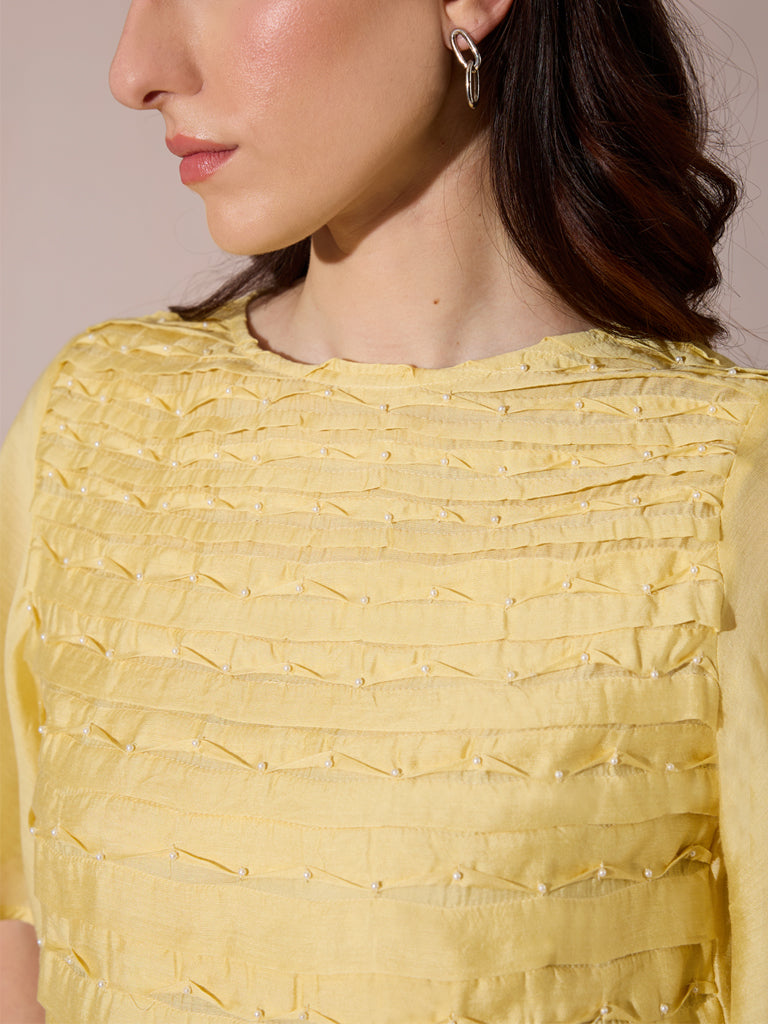 Pleated Chanderi Top - Yellow
