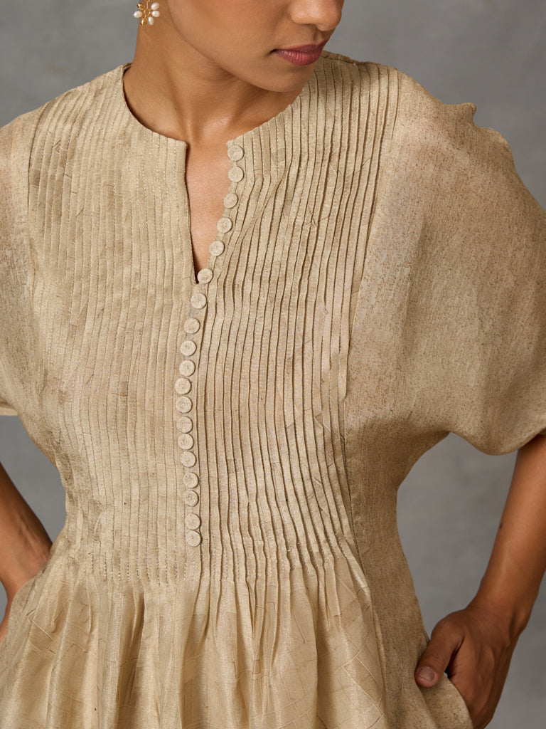 Printed Kaftaan with Pintuck Detail - Gold