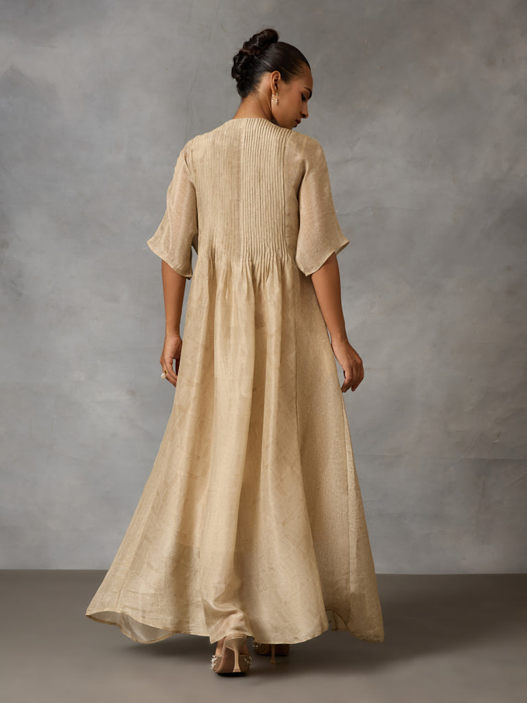 Printed Kaftaan with Pintuck Detail - Gold