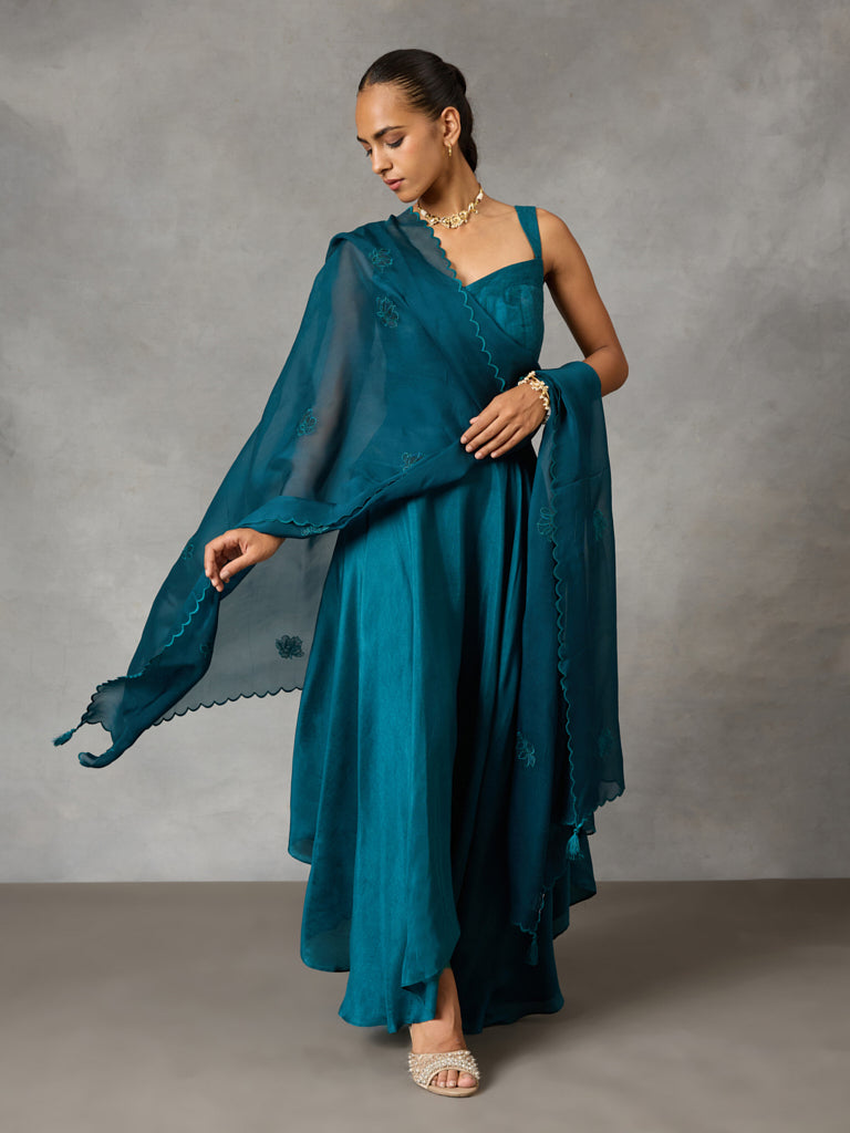 Embroidered Organza Dupatta with Tassels – Teal