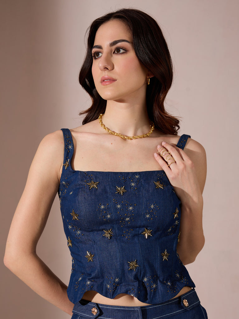 Embellised Denim Corset - Blue