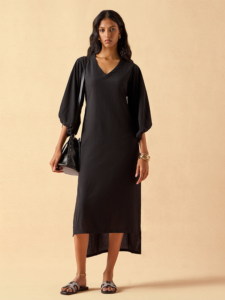 Self-Striped High-Low Dress – Black