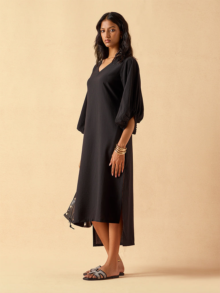 Self-Striped High-Low Dress – Black