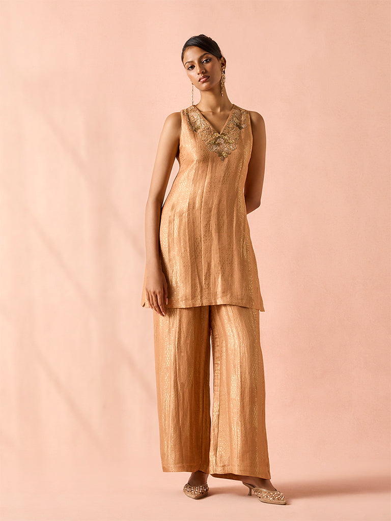 Embellished Jacquard Kurta – Peach
