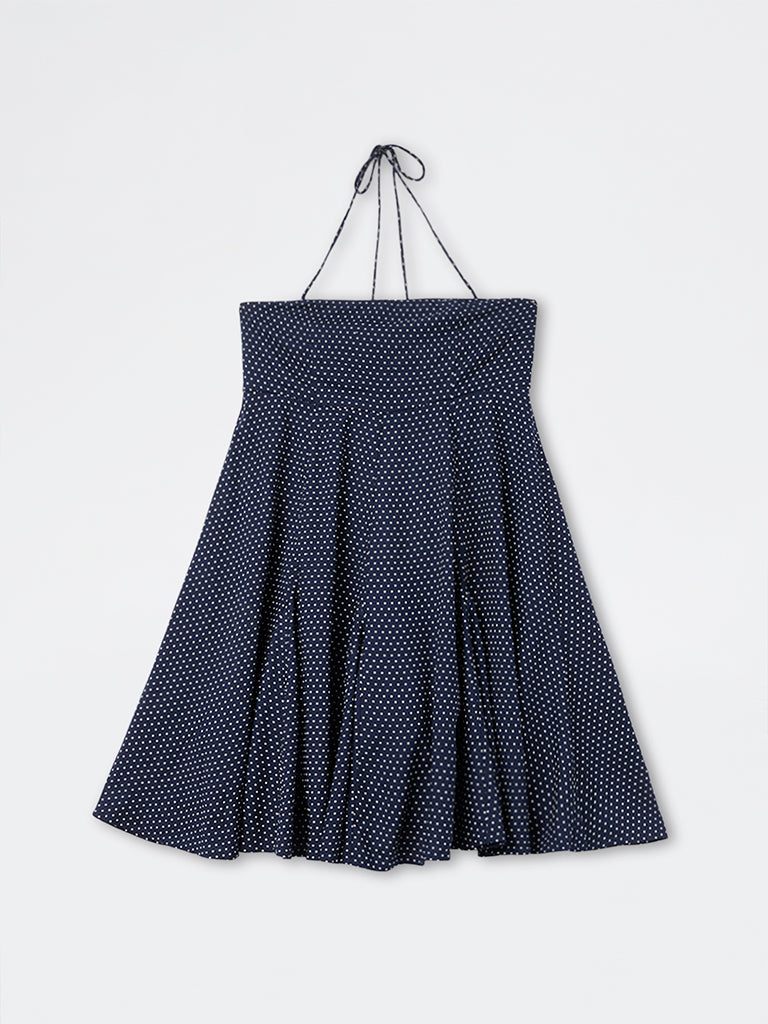 Nuon Navy Polka Dot Halter-Neck A-Line Dress