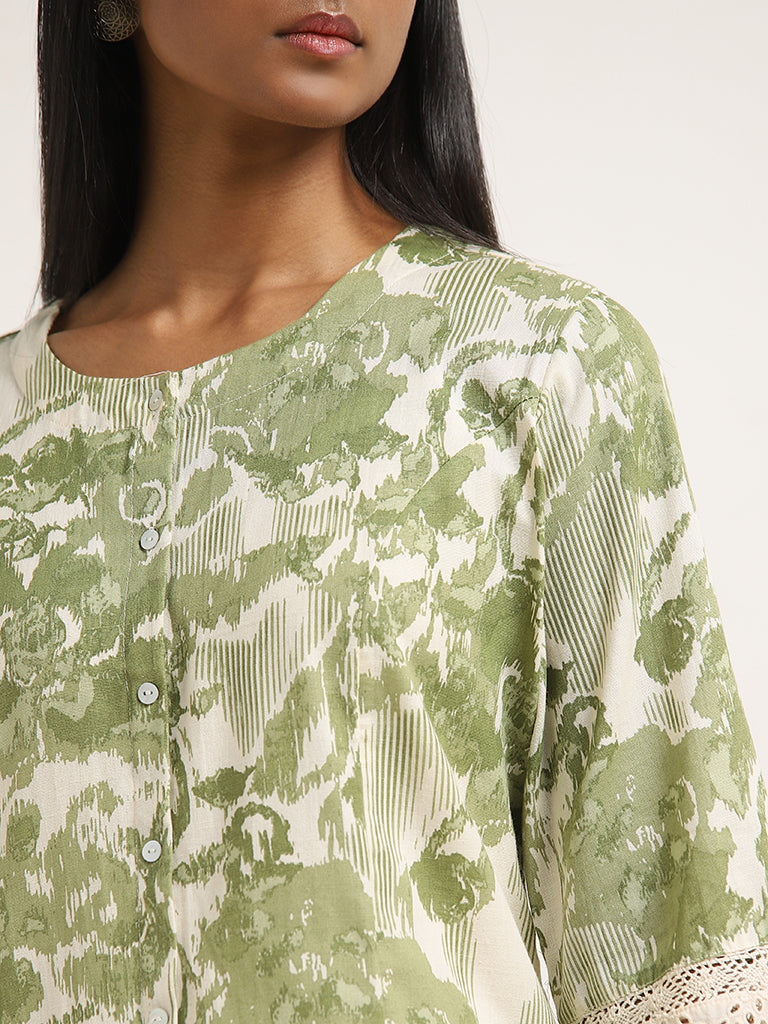 Utsa Green Ikat Printed A-Line Cotton Kurta