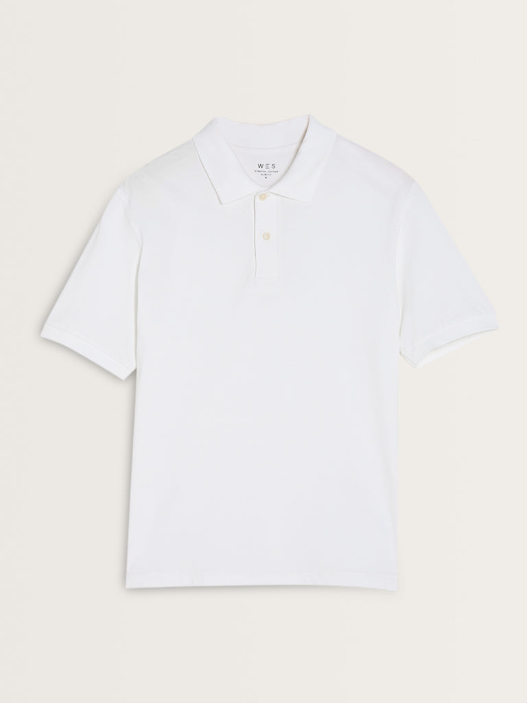 WES Casuals White Cotton Blend Slim Fit Polo T-Shirt