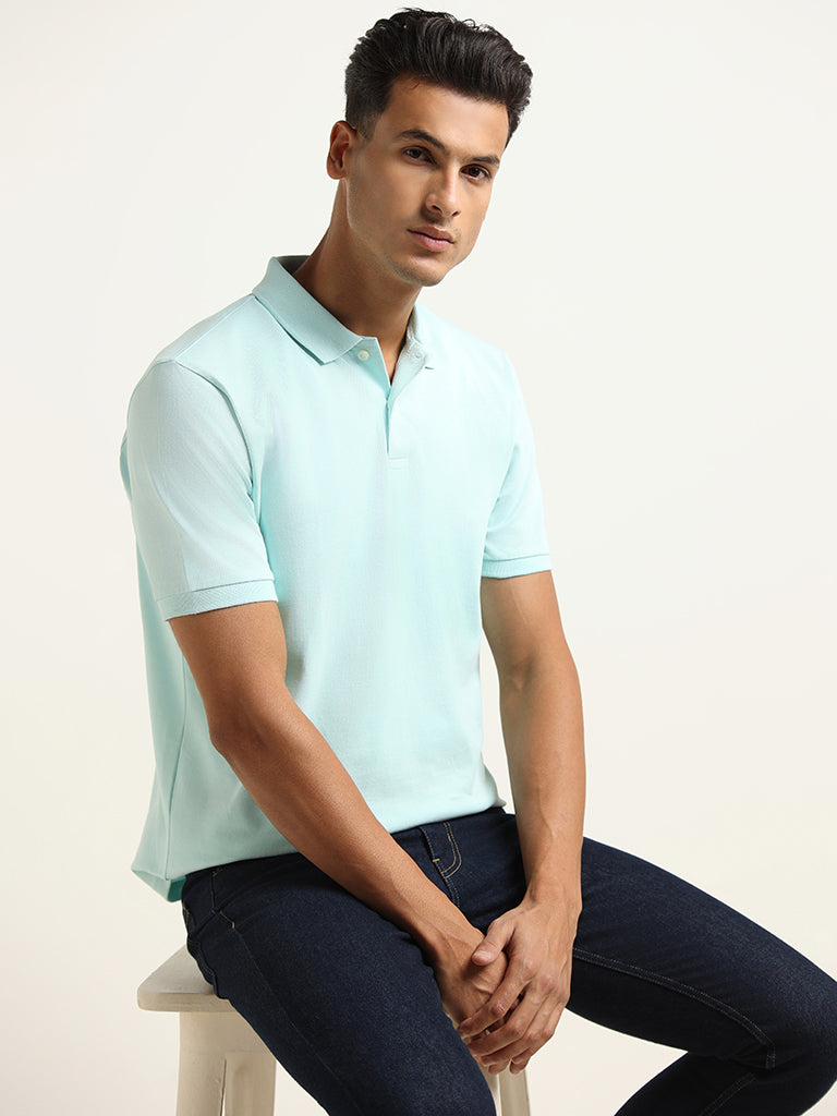 WES Casuals Aqua Cotton Blend Relaxed-Fit Polo T-Shirt