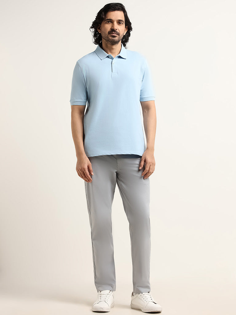 WES Casuals Light Blue Cotton Blend Relaxed-Fit Polo T-Shirt