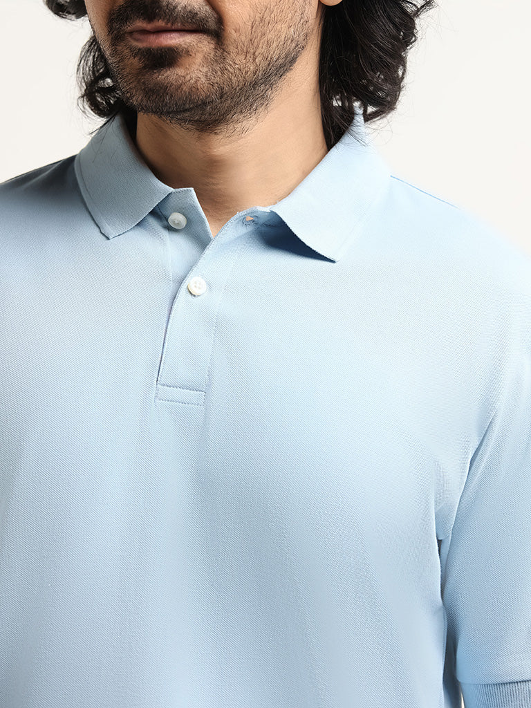 WES Casuals Light Blue Cotton Blend Relaxed-Fit Polo T-Shirt