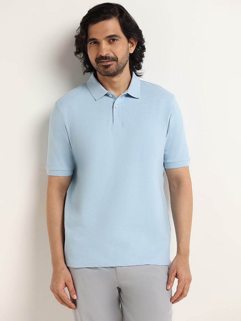 WES Casuals Light Blue Cotton Blend Relaxed-Fit Polo T-Shirt