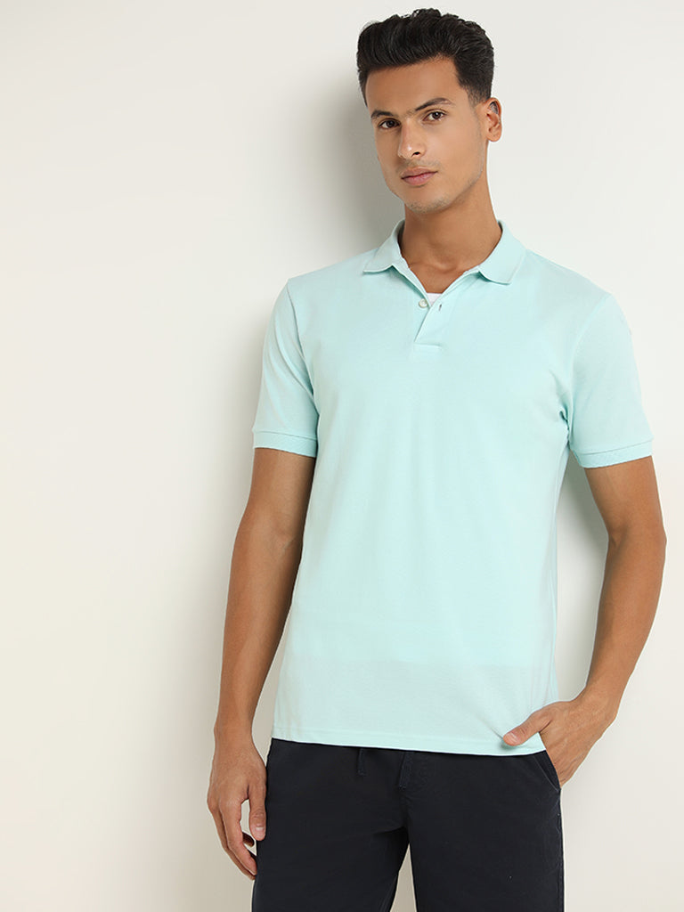 WES Casuals Aqua Cotton Blend Slim Fit Polo T-Shirt