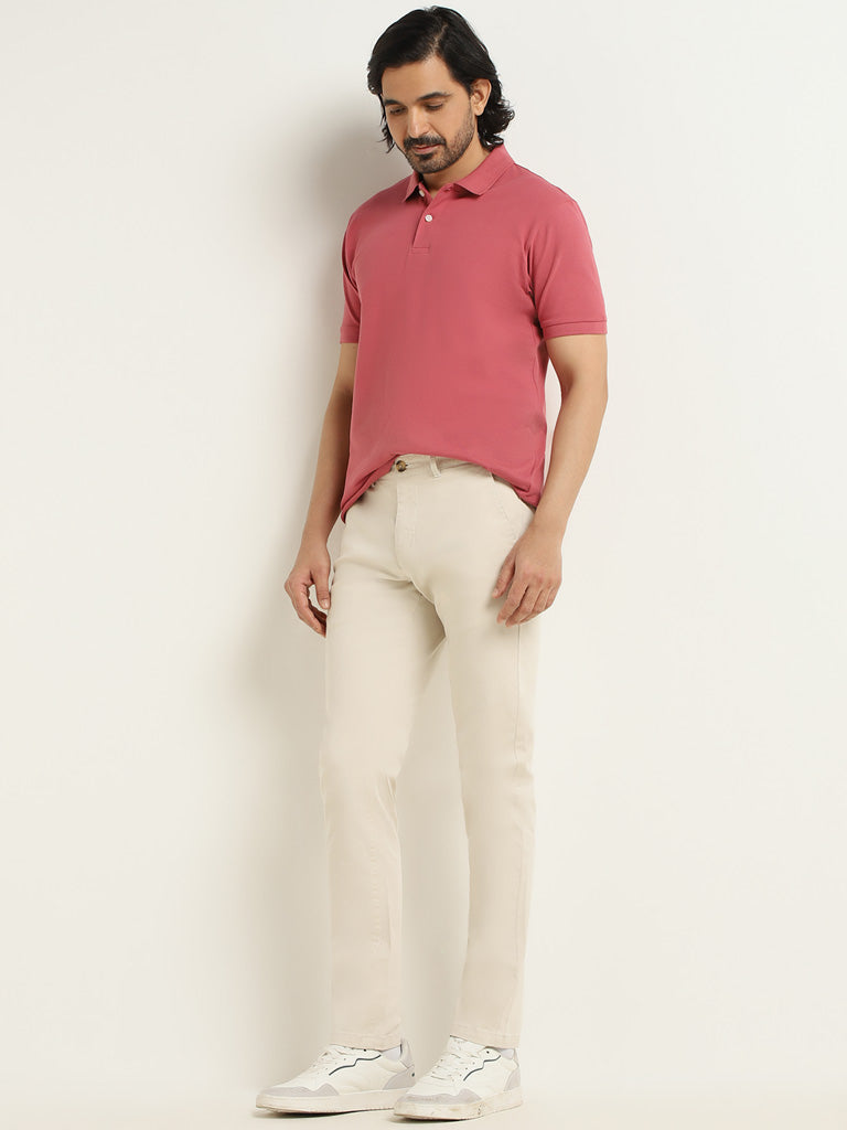 WES Casuals Dusty Pink Cotton Blend Slim Fit Polo T-Shirt