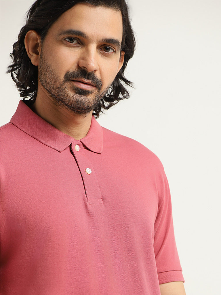 WES Casuals Dusty Pink Cotton Blend Slim Fit Polo T-Shirt