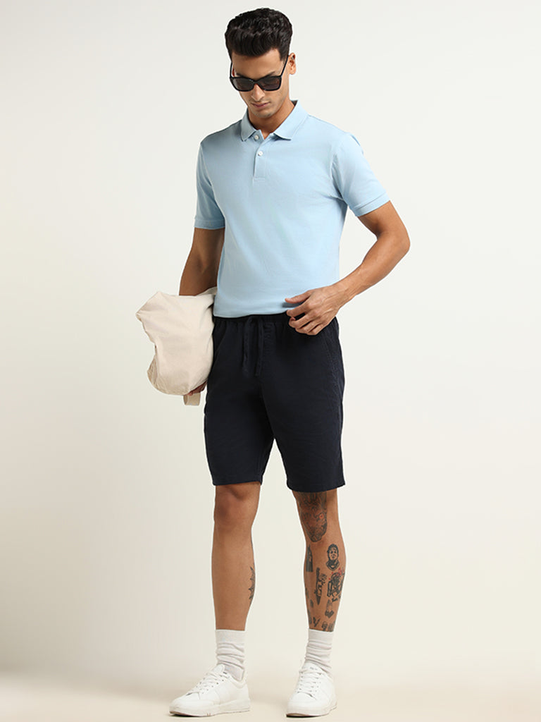 WES Casuals Blue Cotton Blend Slim Fit Polo T-Shirt