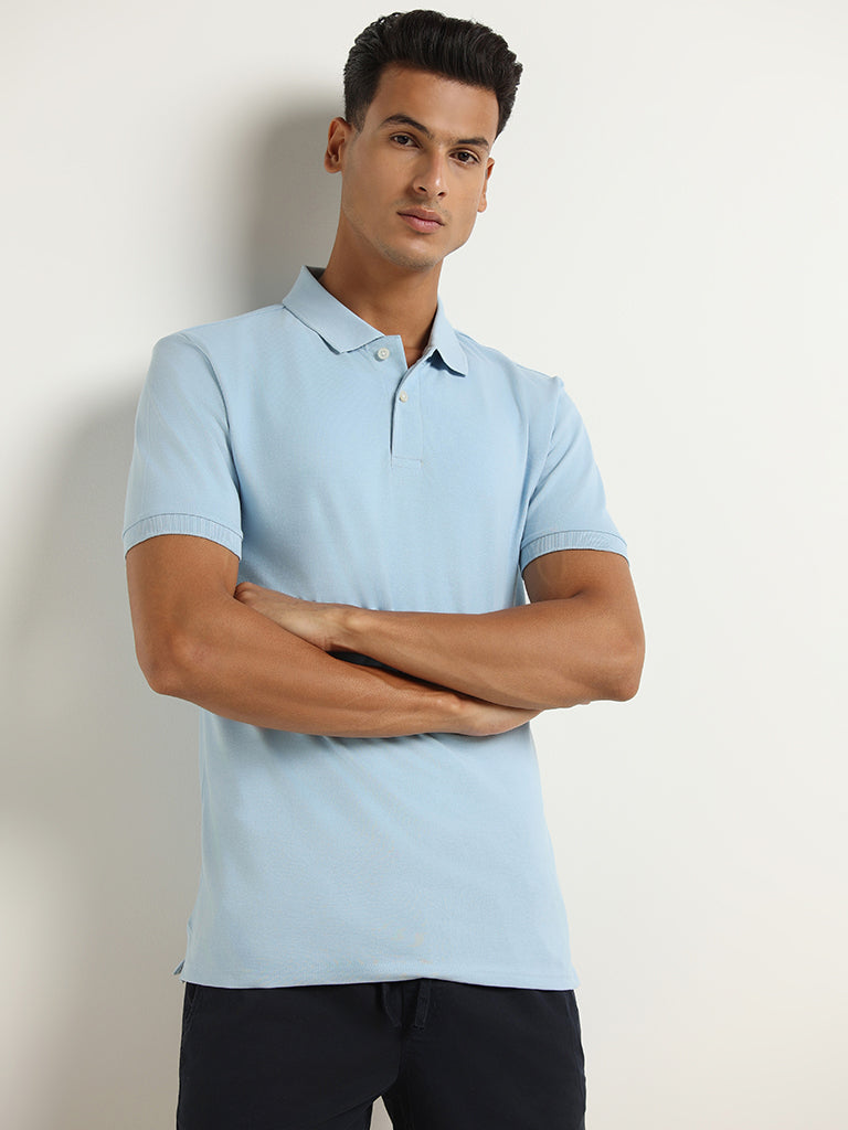 WES Casuals Blue Cotton Blend Slim Fit Polo T-Shirt