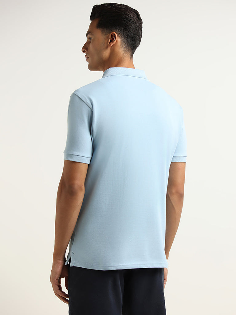 WES Casuals Blue Cotton Blend Slim Fit Polo T-Shirt