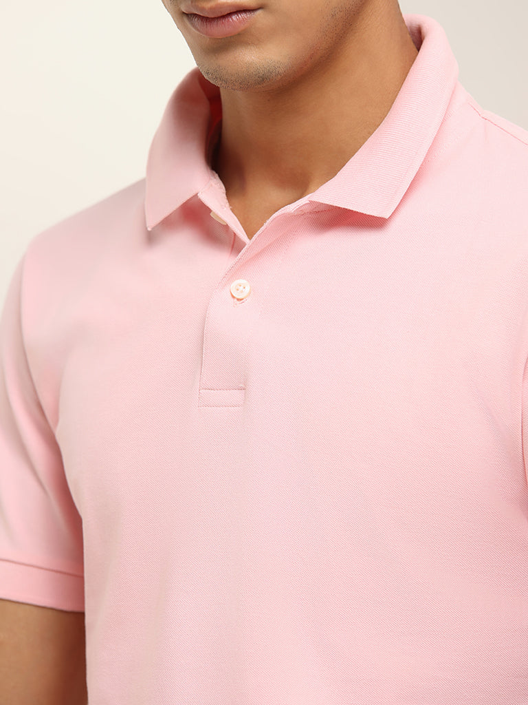 WES Casuals Light Pink Cotton Blend Slim-Fit Polo T-Shirt