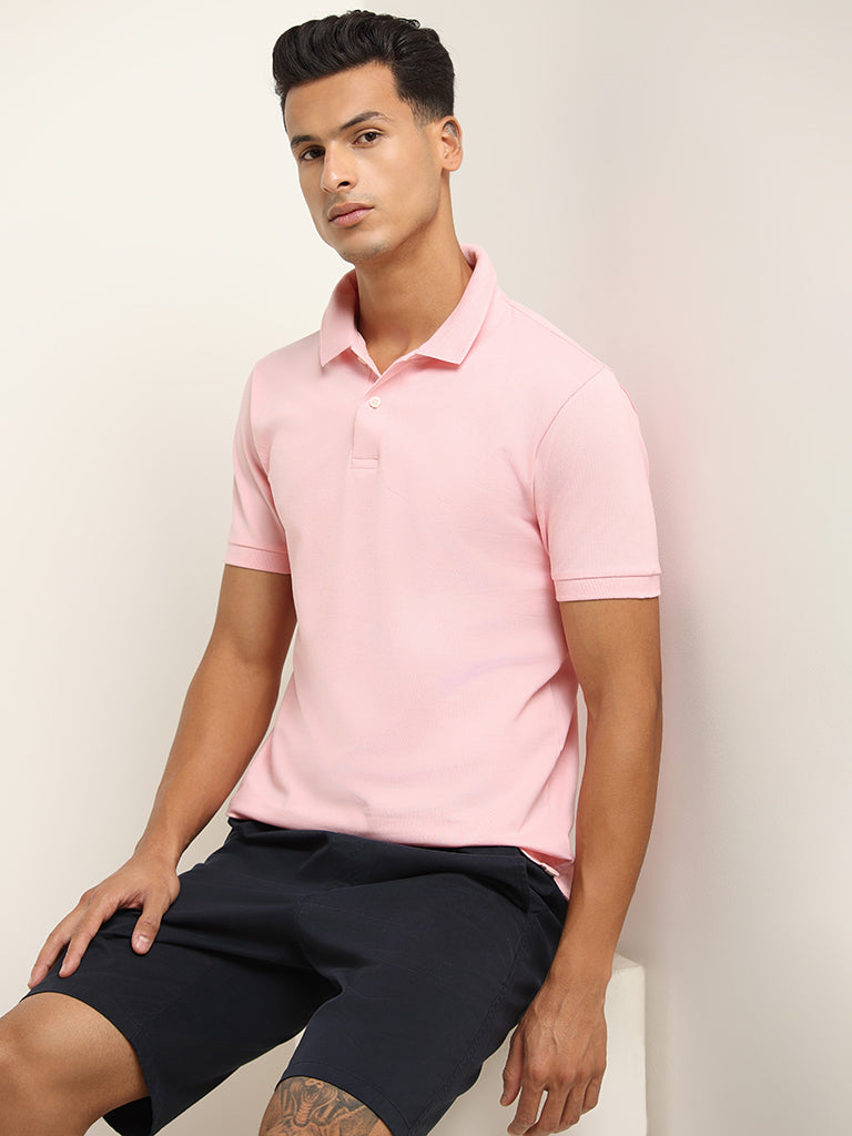 WES Casuals Light Pink Cotton Blend Slim-Fit Polo T-Shirt