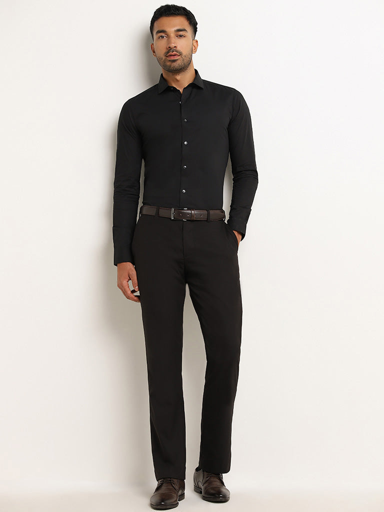 WES Formals Black Cotton Blend Ultra-Slim Fit Shirt