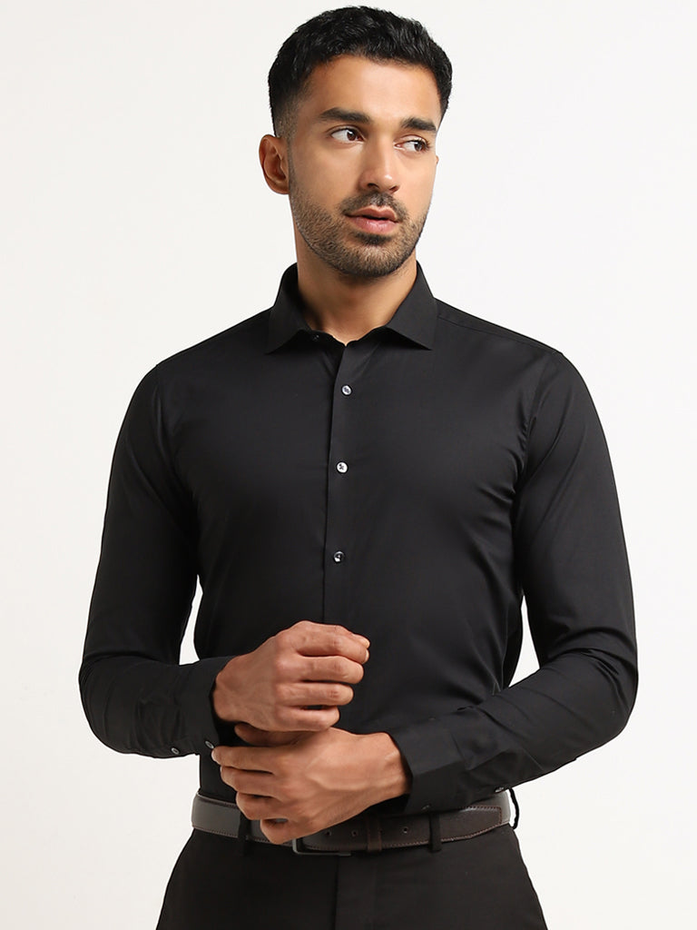 WES Formals Black Cotton Blend Ultra-Slim Fit Shirt