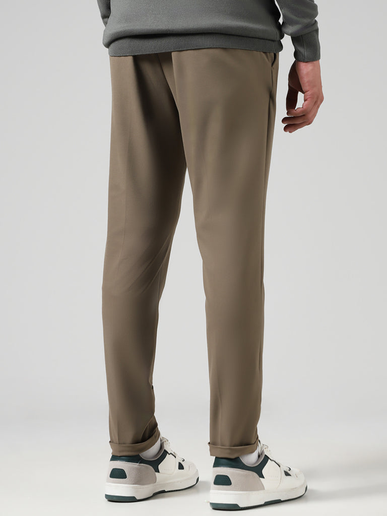 WES Formals Solid Khaki Slim-Fit Mid-Rise Trousers