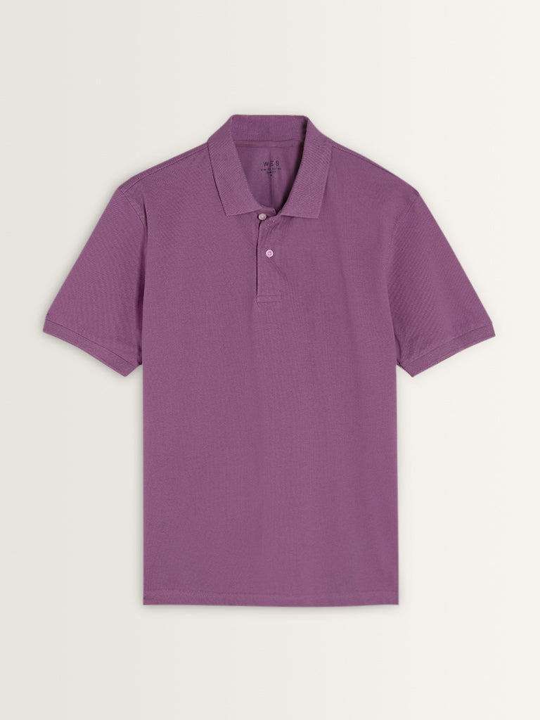 WES Casuals Lavender Cotton Blend Slim-Fit Polo T-Shirt