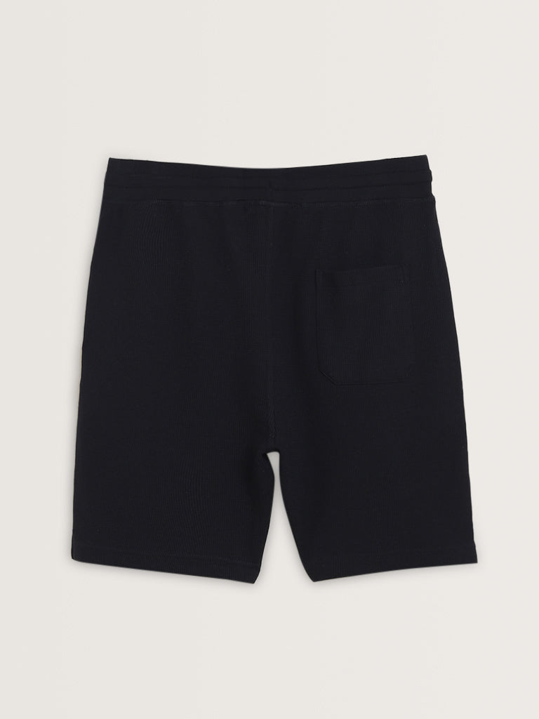 WES Lounge Navy Self-Textured Cotton Blend Relaxed-Fit Shorts