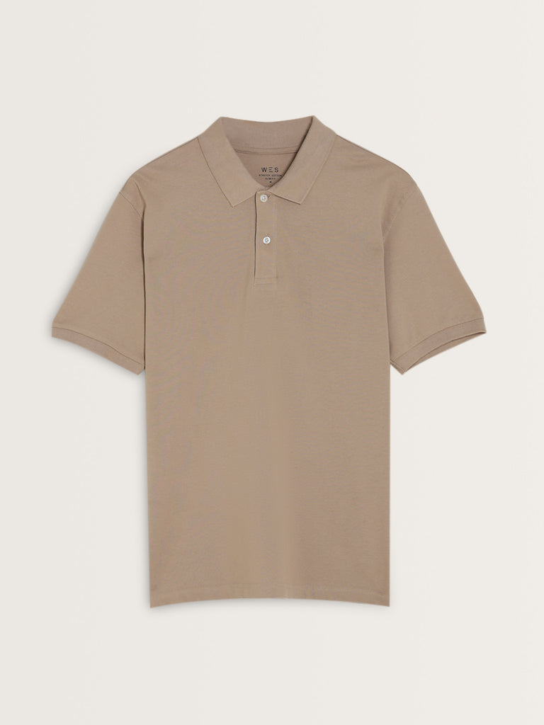 WES Casuals Beige Cotton Blend Polo Neck T-Shirt