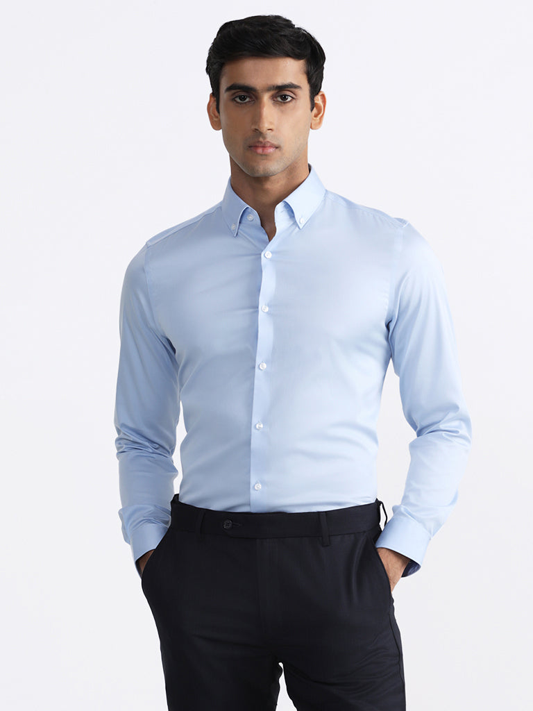 Buy Men Blue Slim Fit Solid Full Sleeves Formal Shirt Online