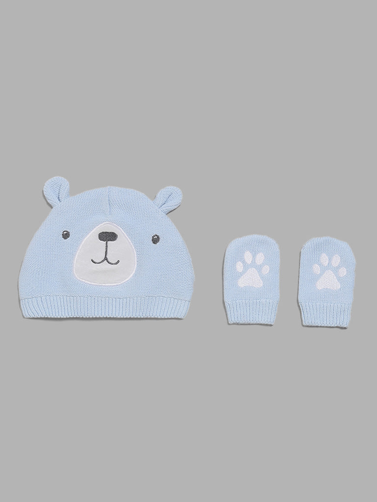 HOP Baby Pastel Blue Bear Embroidery Beanie with Paw Mitten Set