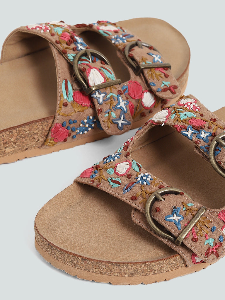 LUNA BLU Taupe Embroidered Double Band Birki Sandals